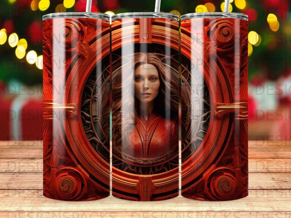 Scarlet Witch in red suit with ornate circular frame.