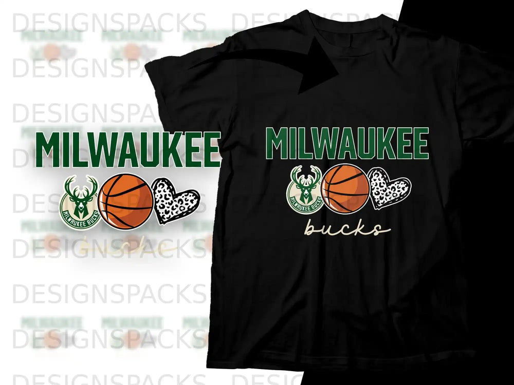 Milwaukee Bucks logo with basketballs and hearts graphic on a black t-shirt.