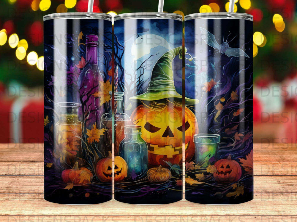 Halloween pumpkin and potion bottles with spooky moon and bat background.