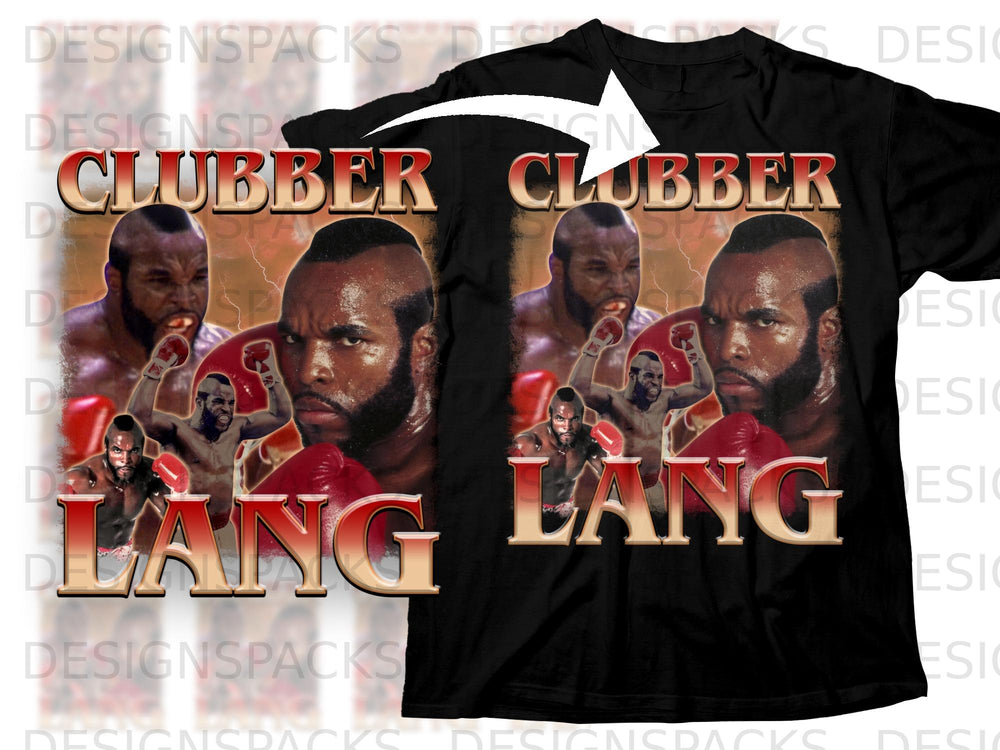 Black t-shirt with "Clubber Lang" boxer graphic and fighting images.