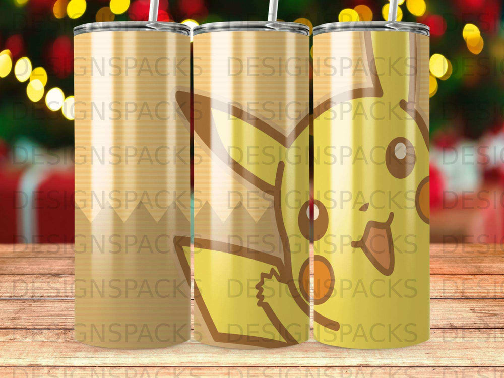 Yellow Pikachu tumbler with repeating "DESIGNSPACKS" watermark.