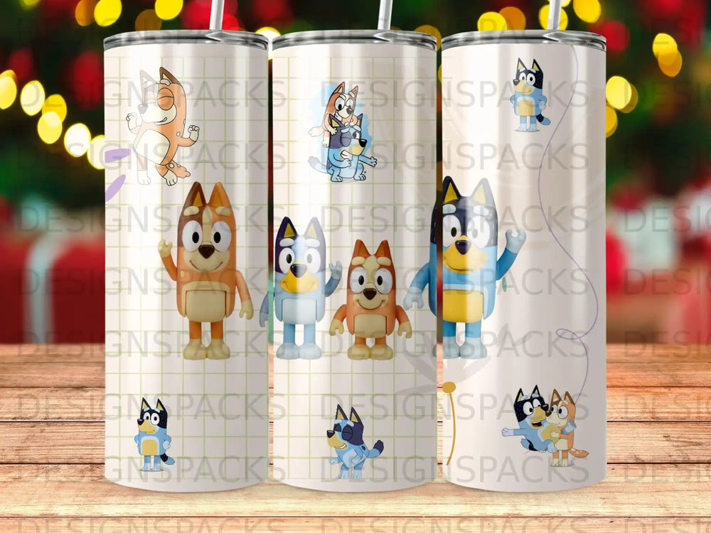 Bluey and Bingo characters on a tumbler with repeating "DESIGNSPACKS" watermark.