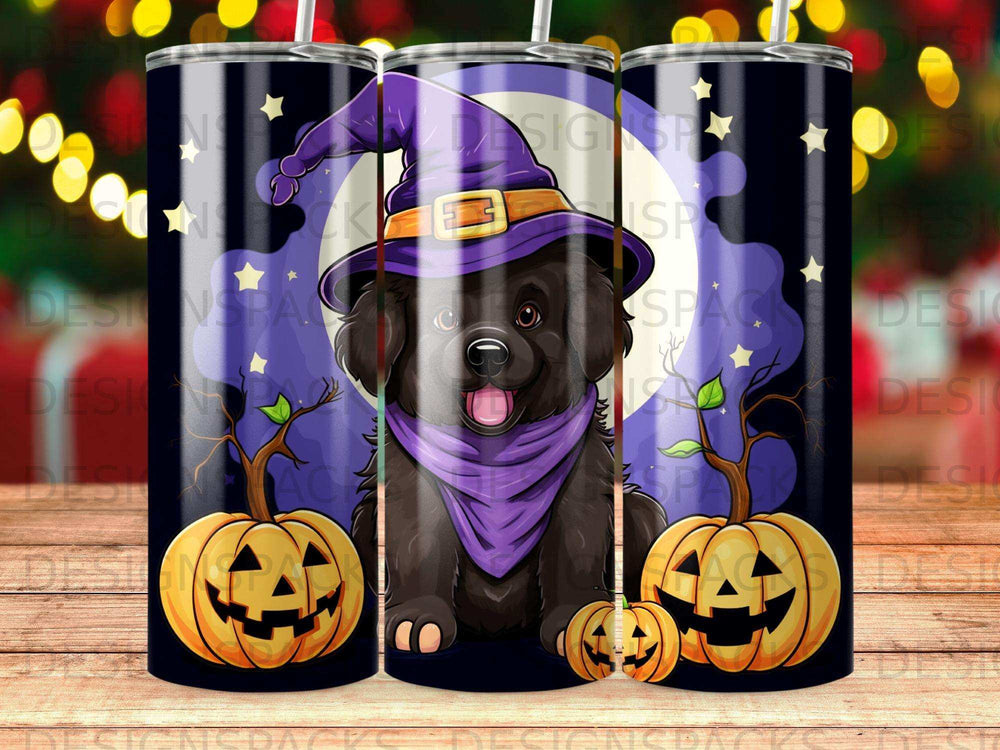 Black dog in witch hat and scarf with pumpkins and stars on Halloween tumbler.