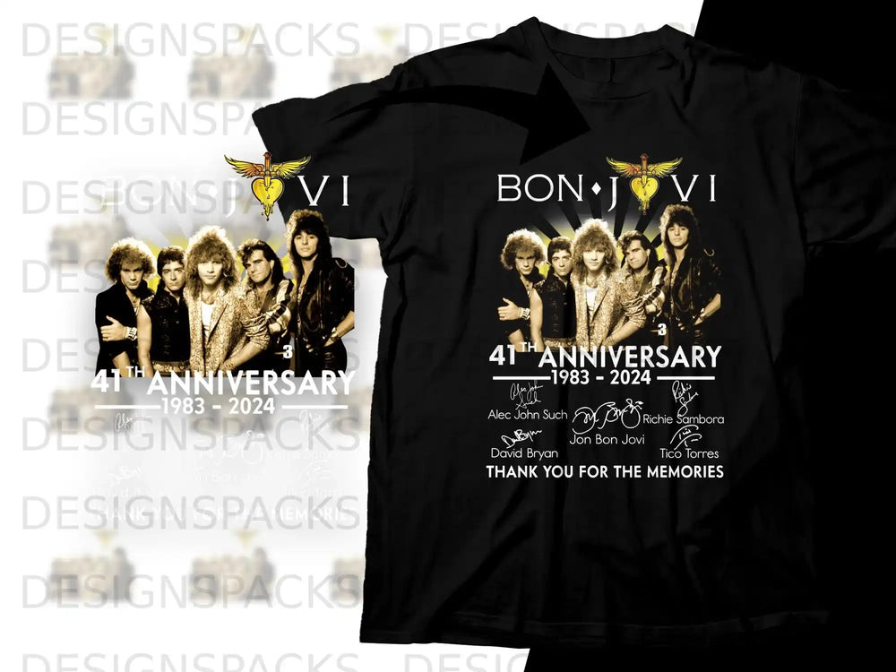 Bon Jovi 41st Anniversary 1983-2024 tour t-shirt with band members and signatures.