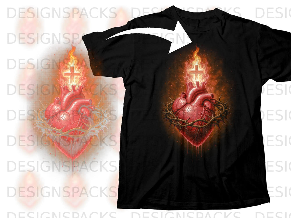 Black t-shirt with a flaming Sacred Heart design surrounded by a crown of thorns.