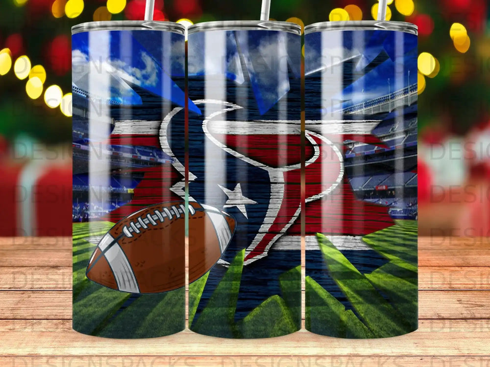 Houston Texans football with stadium background on three tumblers.