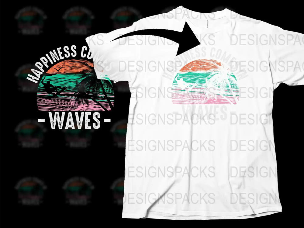 Tropical Sunset Graphic Tee, Happiness Comes in Waves T-Shirt, Unisex Beach Style Apparel
