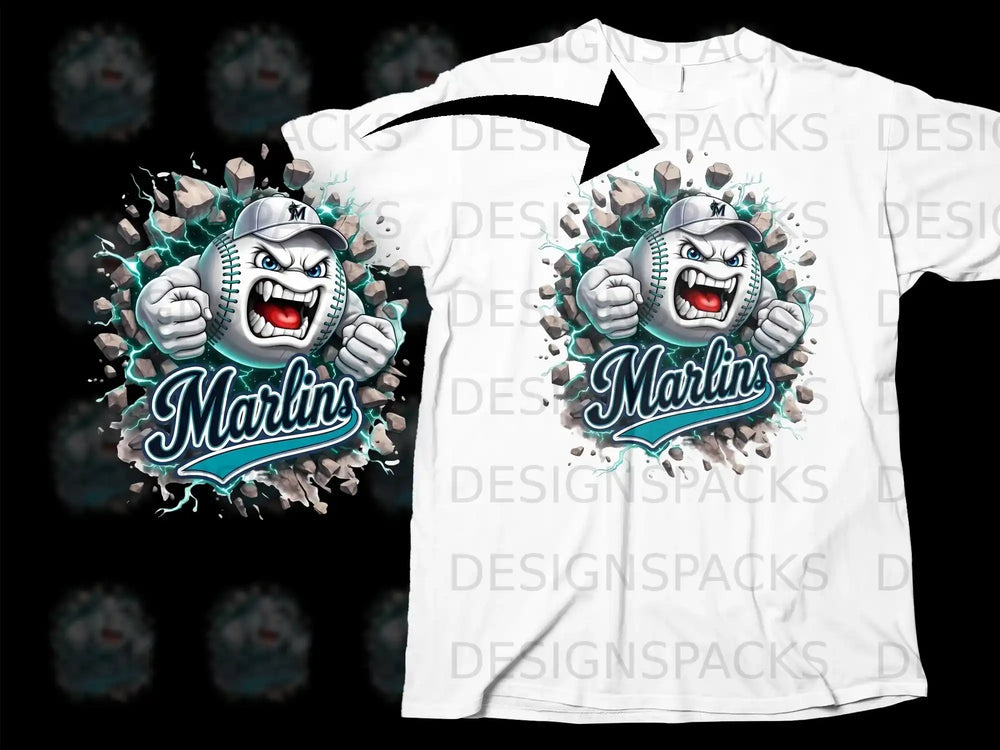 Marlins Baseball Logo with Angry Ball Graphic T-Shirt