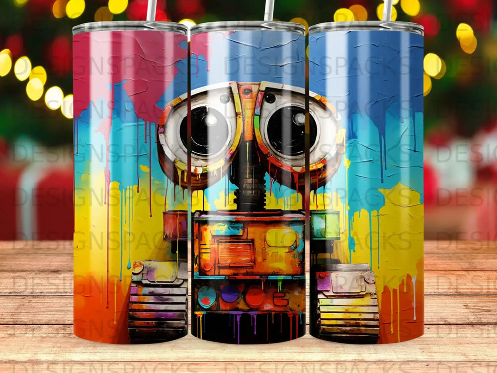 Wall-E robot design on a colorful tumbler, with watermarks across the image.