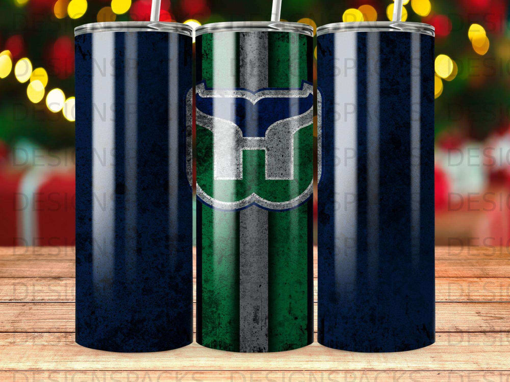 Dark blue tumbler with green and gray striped logo.