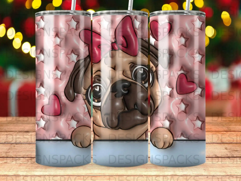 Pink tumbler with pug wearing a red bow, surrounded by hearts and stars.