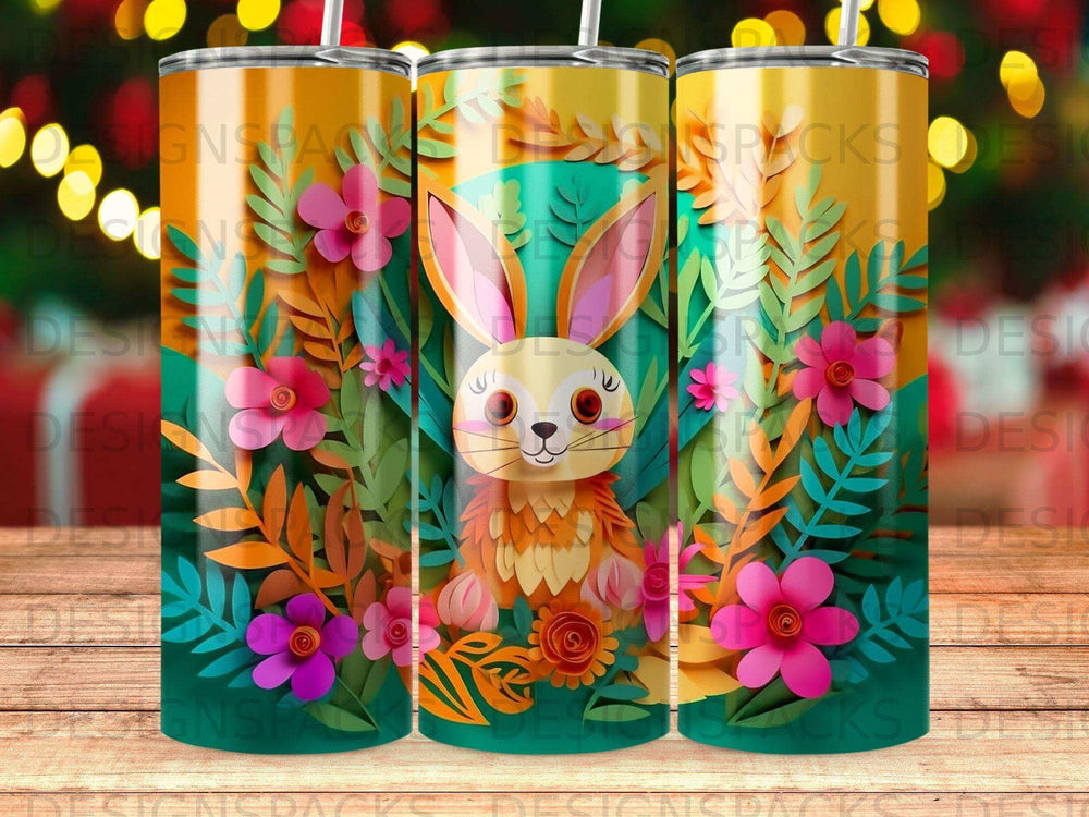 Cute bunny surrounded by colorful flowers and leaves.