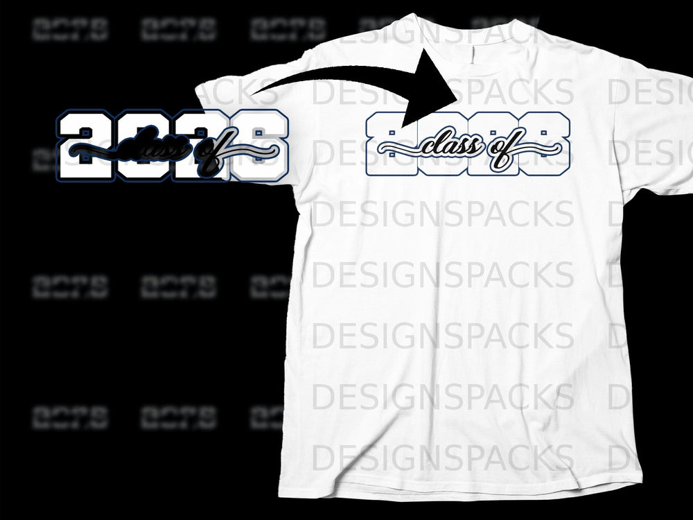 White t-shirt with blue "Class of 2023" graphic and an arrow.