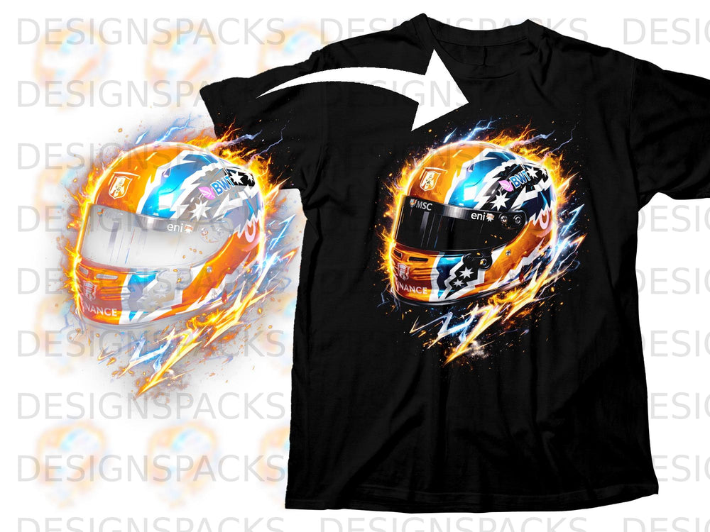 Black t-shirt with a graphic of a racing helmet with fire and lightning effects.