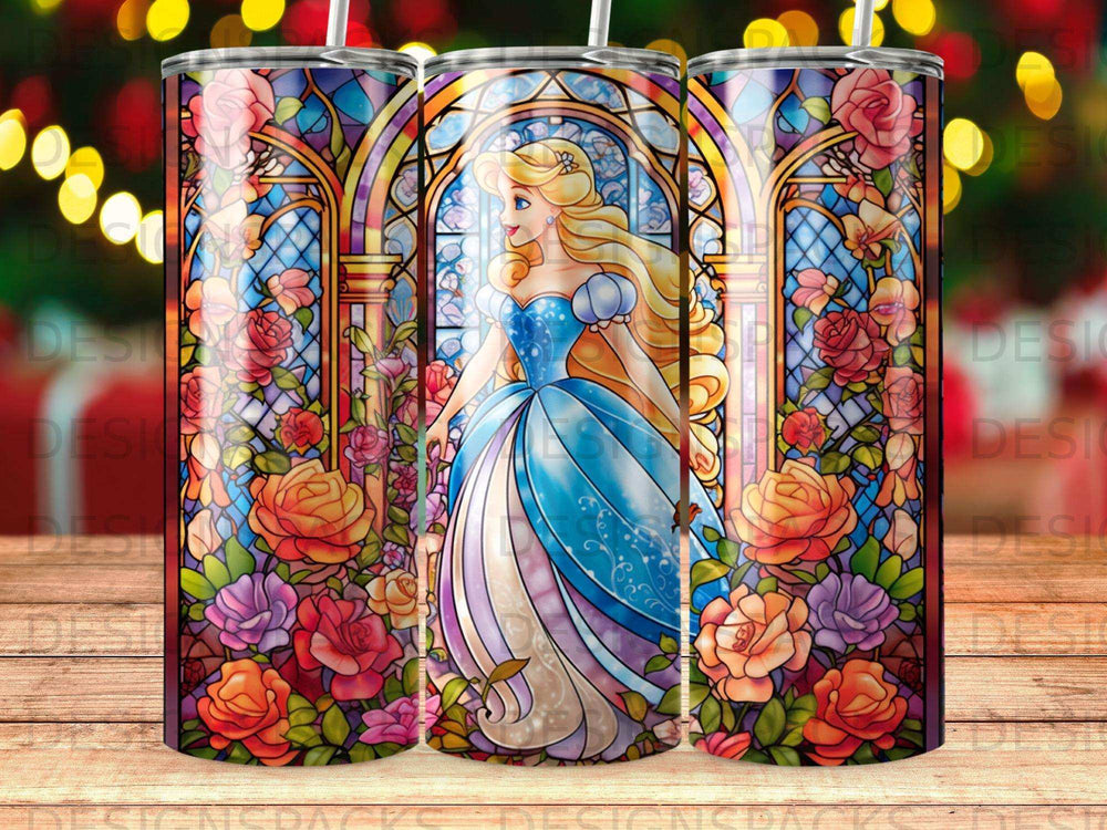 Cinderella in a blue dress surrounded by colorful roses in stained glass.