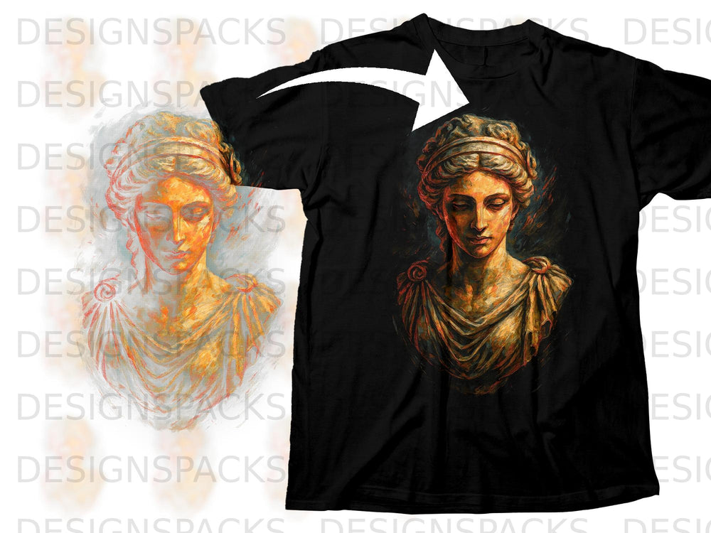 Black t-shirt with a painterly graphic of a classical bust of a woman.