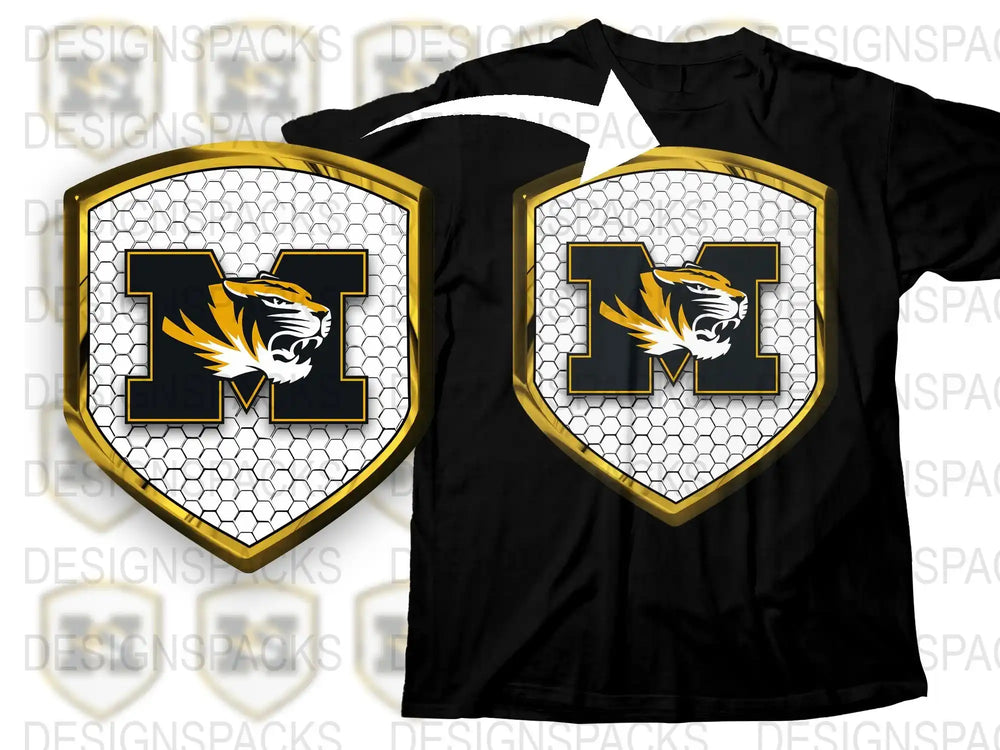 Custom Tiger Logo Sports Team T-Shirt, Black Hexagon Pattern, Personalized Monogram M, Athletic Wear