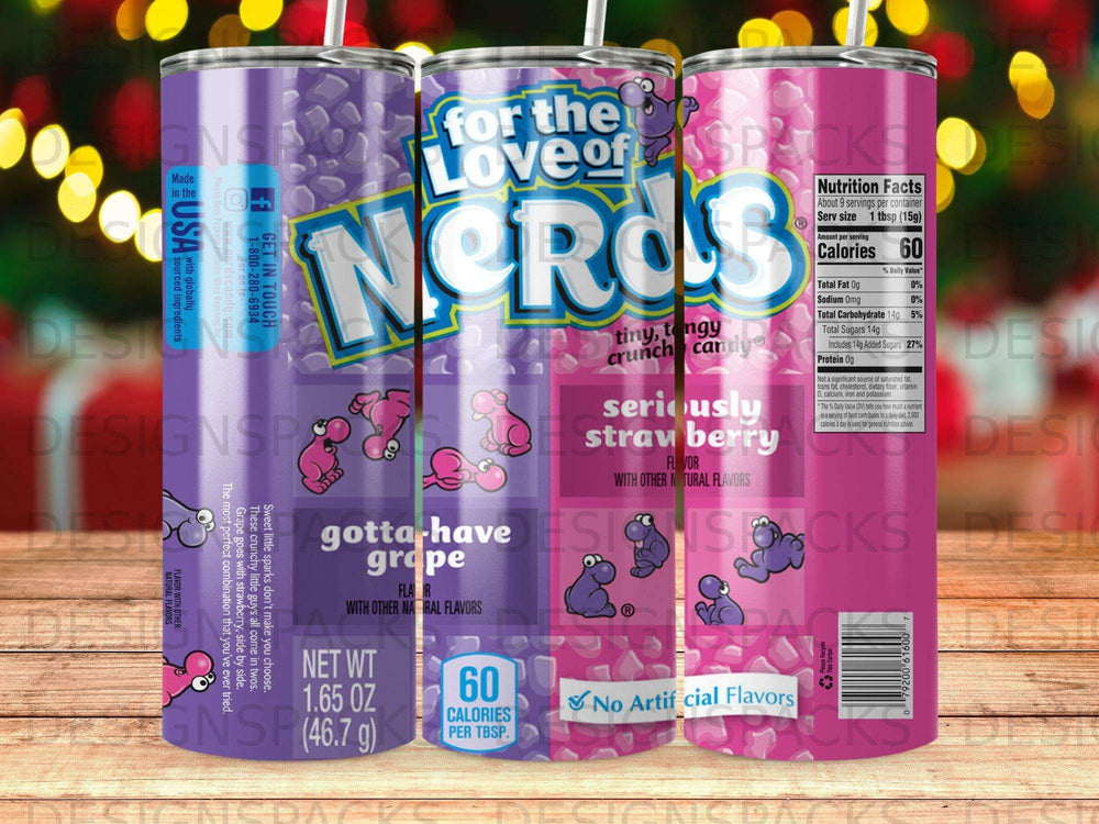 Nerds candy tumbler with "grape" and "strawberry" flavors and nutrition facts.