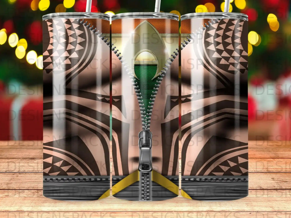 Zipper graphic on a tapered tumbler with wood background and bokeh lights.