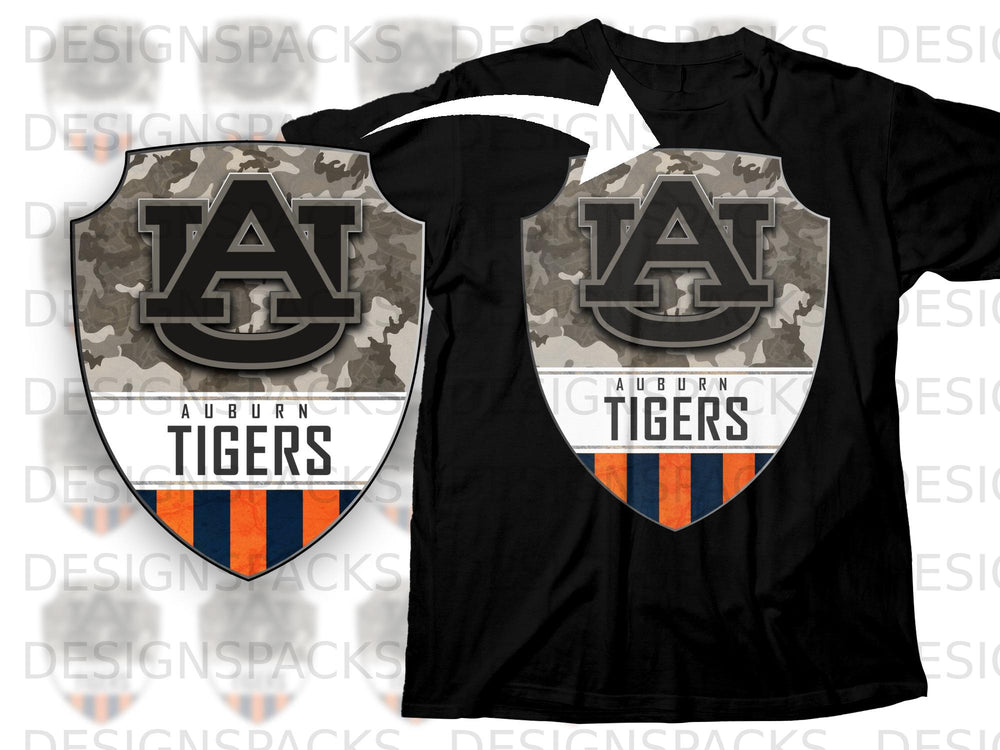 Auburn Tigers shield logo with camouflage and orange and navy stripes on black t-shirt.