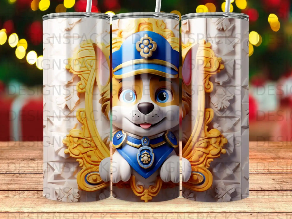 Cartoon police dog in uniform wearing a blue hat with gold trim.
