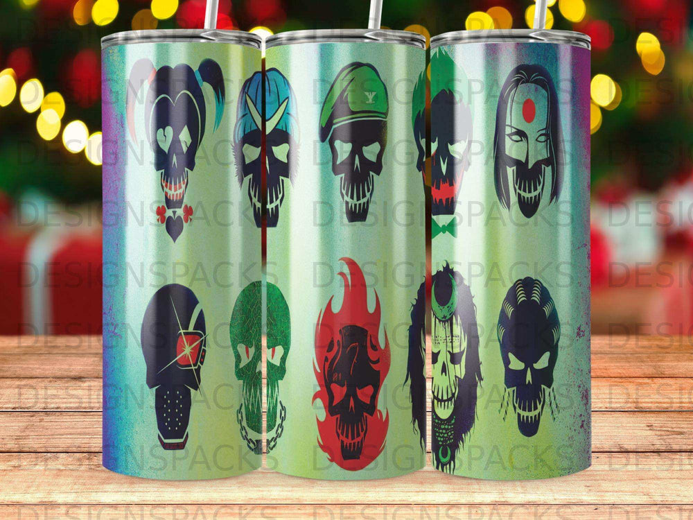 Tumblers featuring skull designs with masks, berets, and punk hairstyles.