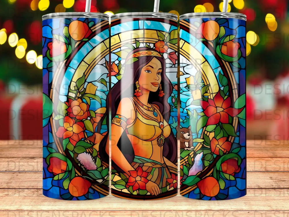 Woman in stained glass style surrounded by floral motifs.