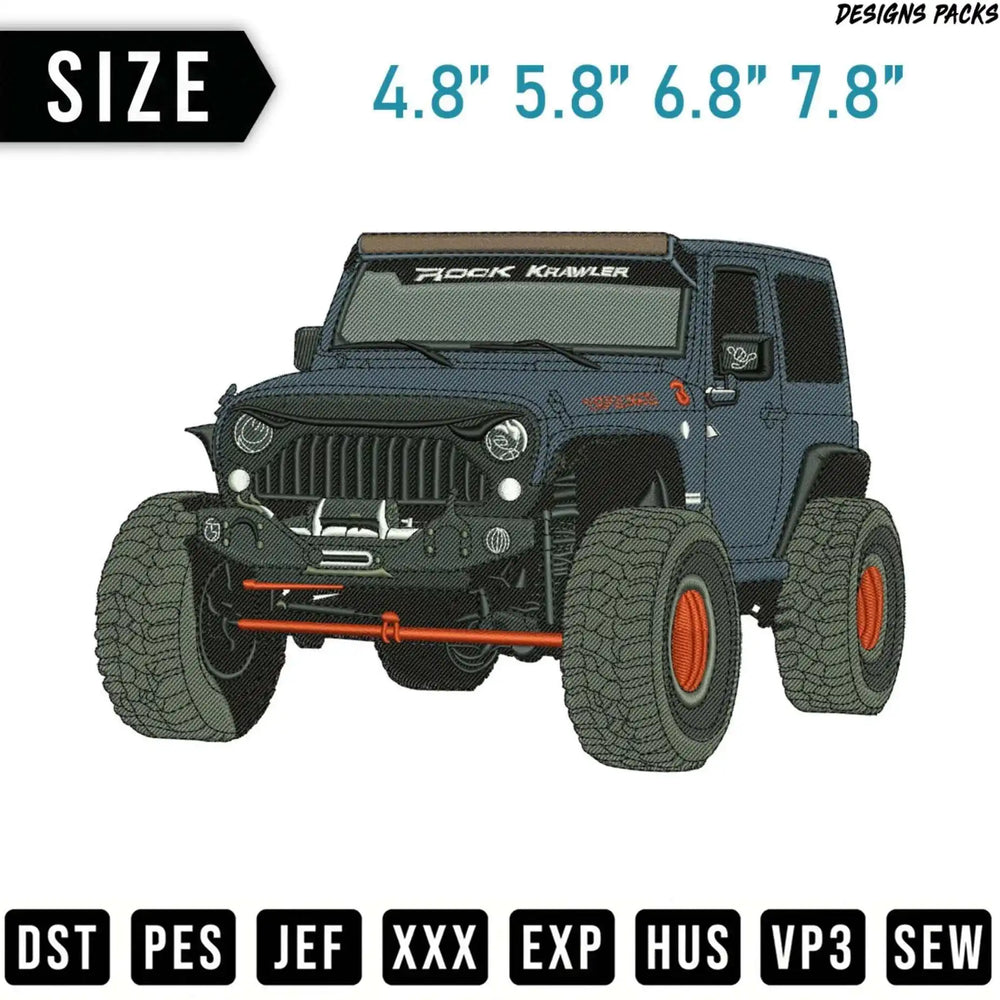 Blue Jeep "Rock Krawler" design with size and embroidery file format options.