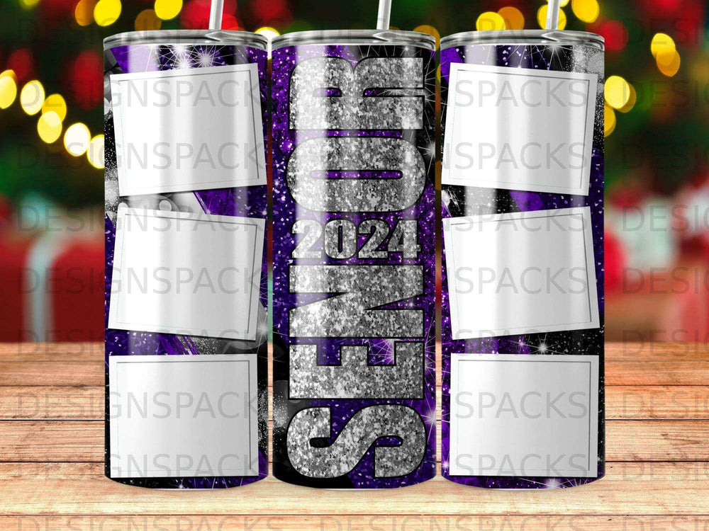 Senior 2024 tumbler with purple glitter and white squares.