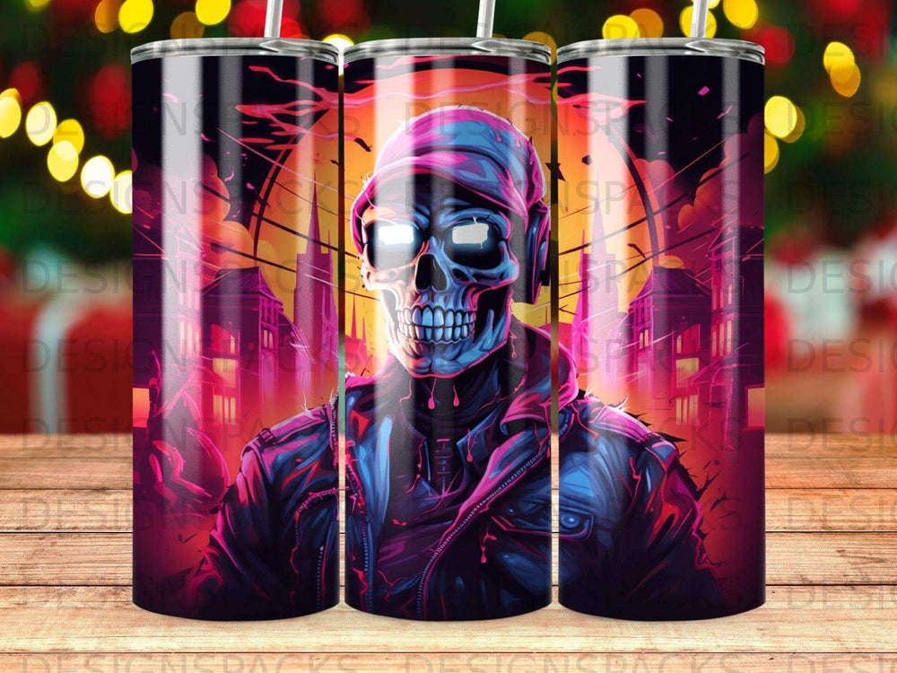 Skull in a jacket with glowing eyes and a cityscape background.