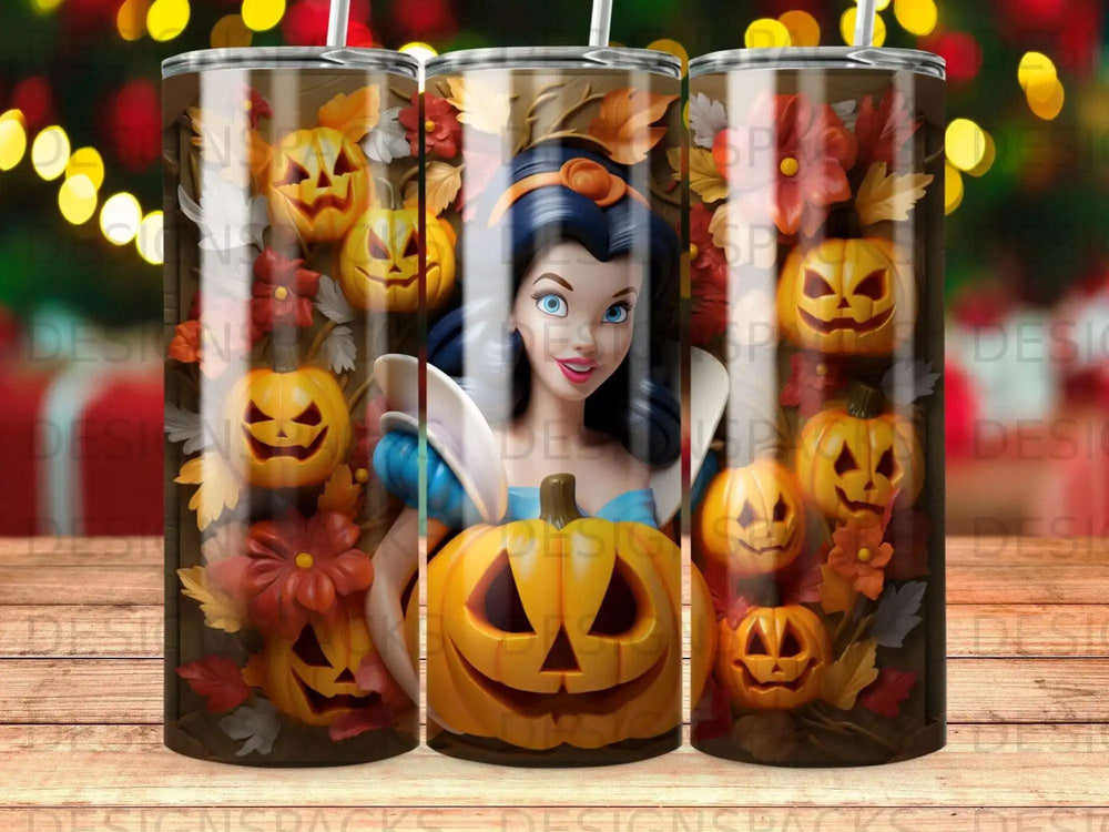 Snow White surrounded by pumpkins and autumn leaves on a tumbler.