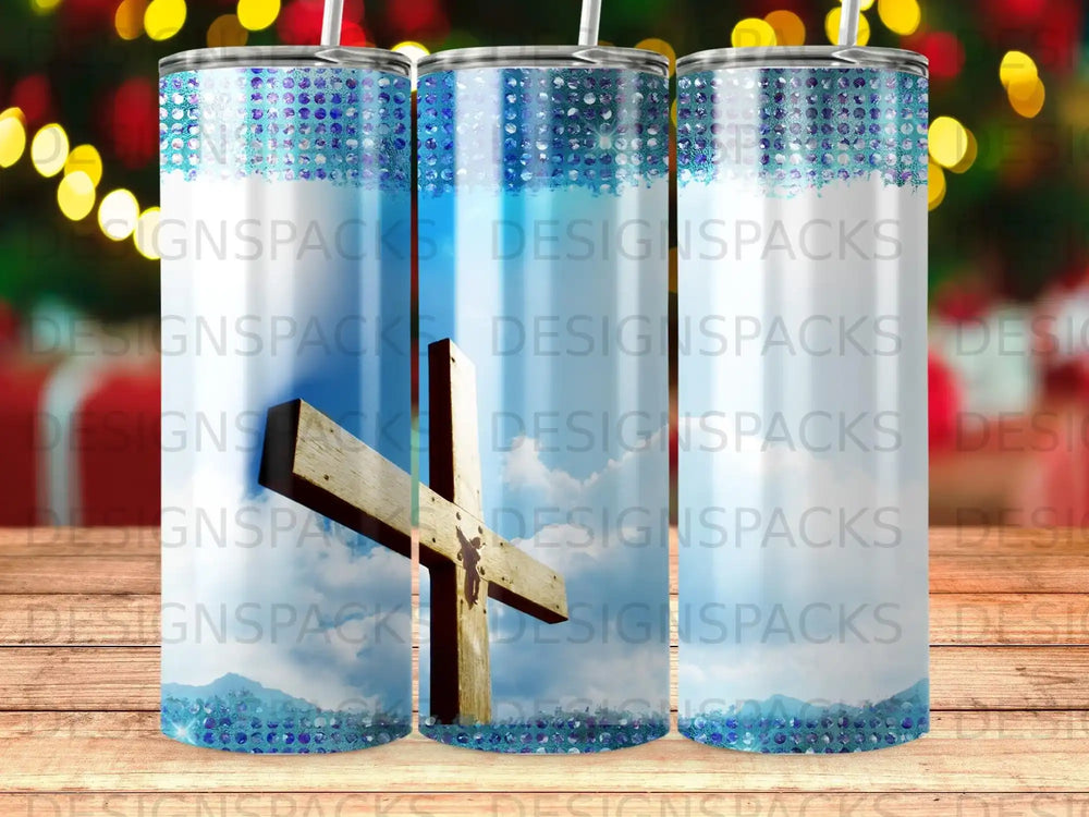 Tumbler wrap design featuring a wooden cross against a sky background.