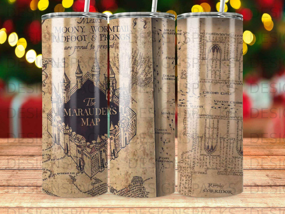 Marauder's Map design on a tumbler, featuring titles and character names.