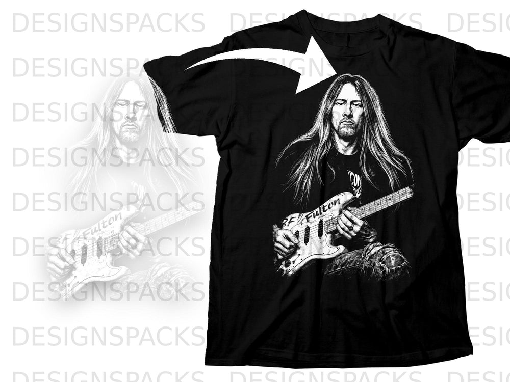 Black t-shirt with sketch of a man playing a white electric guitar.
