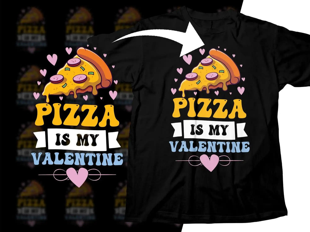 Pizza is My Valentine t-shirt design with hearts and slice graphic