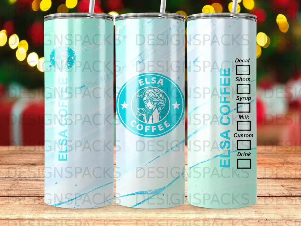Tall tumbler with Elsa's silhouette and drink ingredient labels.