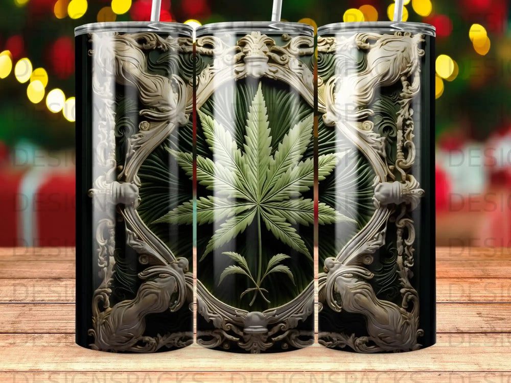 Green cannabis leaf inside ornate vintage frame on a black background.