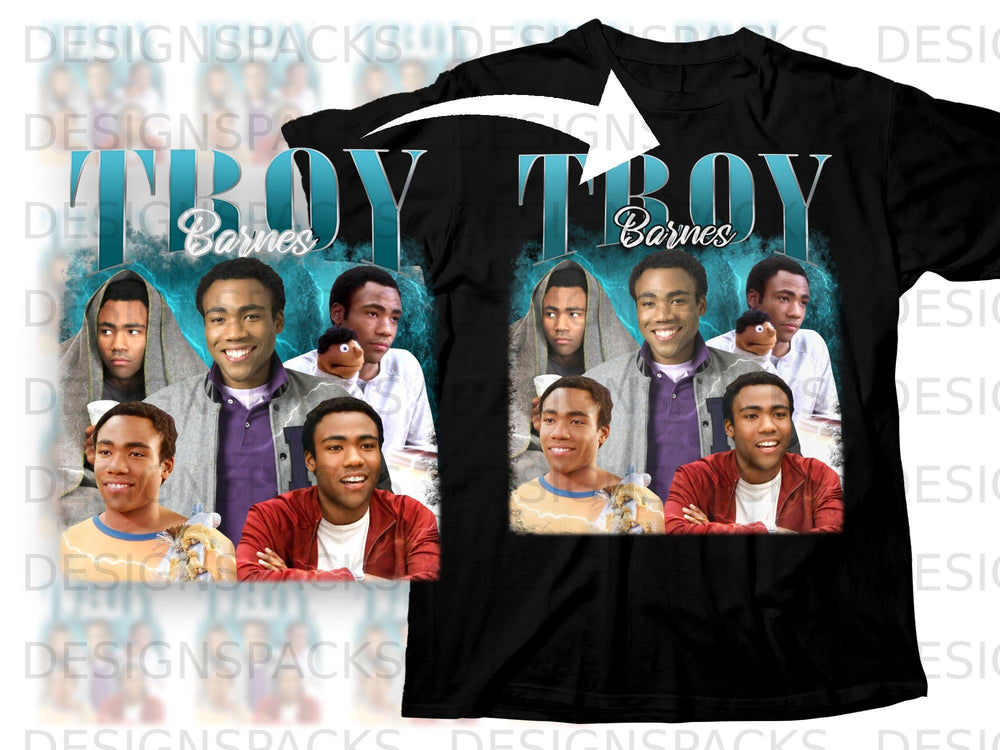 Black t-shirt featuring multiple images of Donald Glover with "TROY Barnes" text.