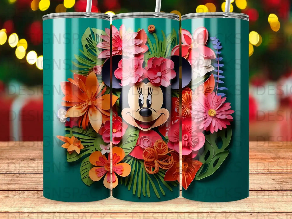 Minnie Mouse in floral arrangement on a teal tumbler.