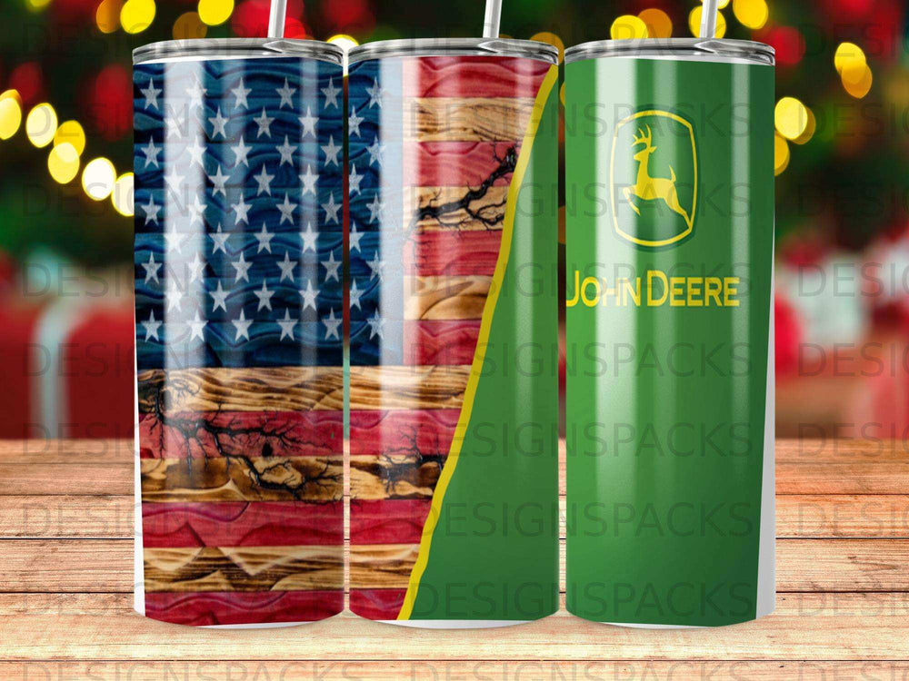 Three tumblers: two with American flag patterns, one with John Deere logo.