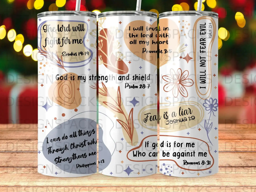 Three tumblers with Bible verses and floral designs.