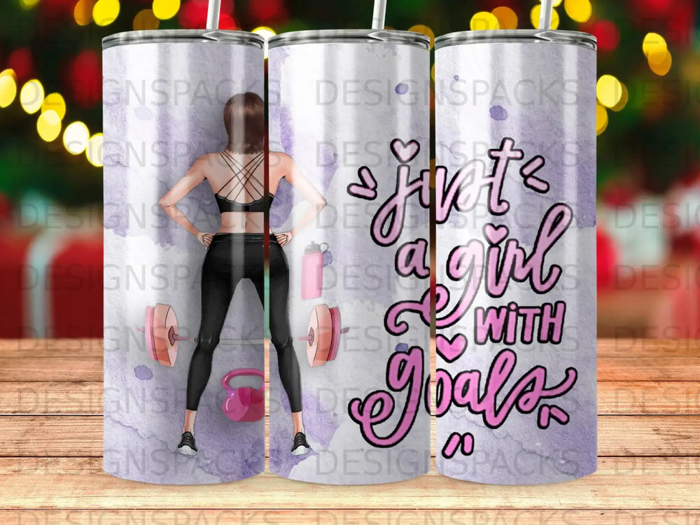 Tumbler with woman in athletic wear and text "Just a girl with goals".