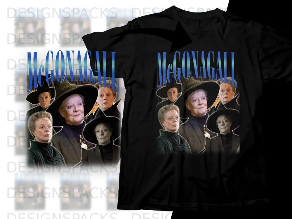 Minerva McGonagall collage on a black t-shirt.