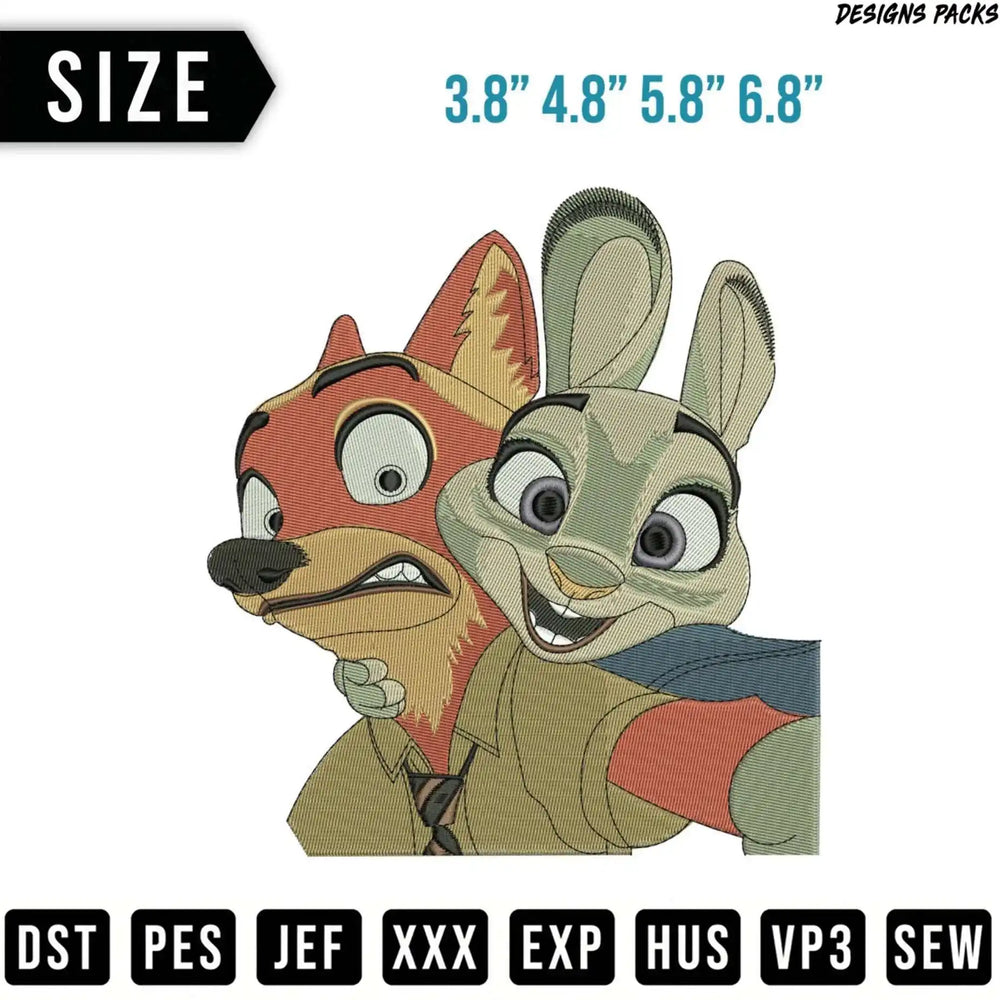 Embroidery designs of Nick and Judy Wilde taking a selfie, with size and file format options.