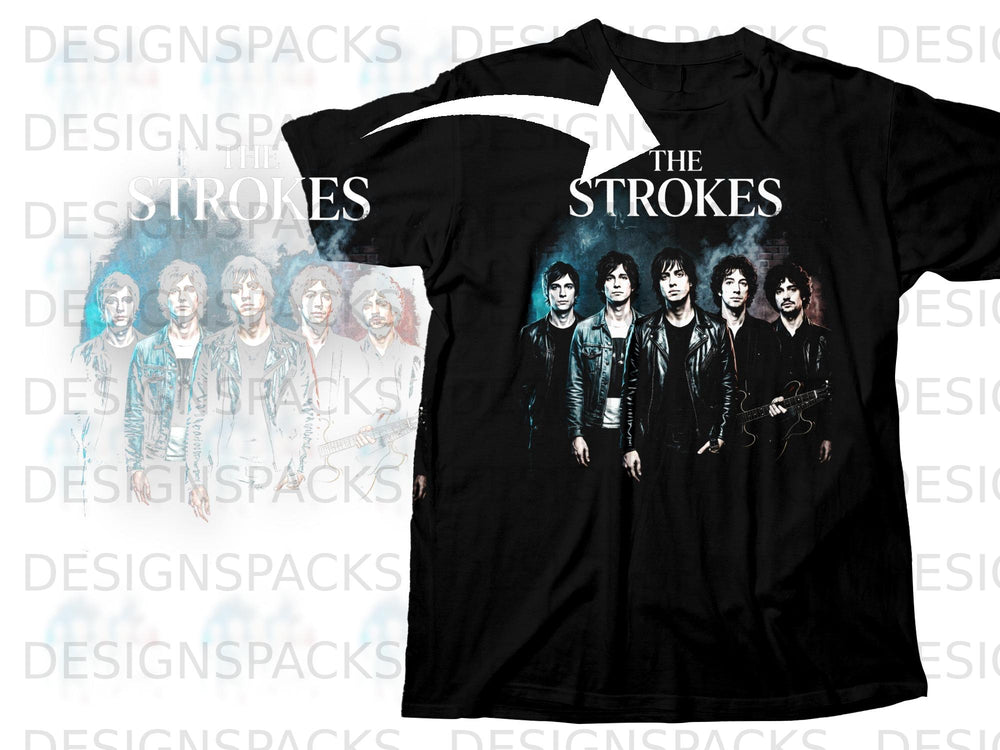 Black t-shirt featuring "The Strokes" band graphic with five members.