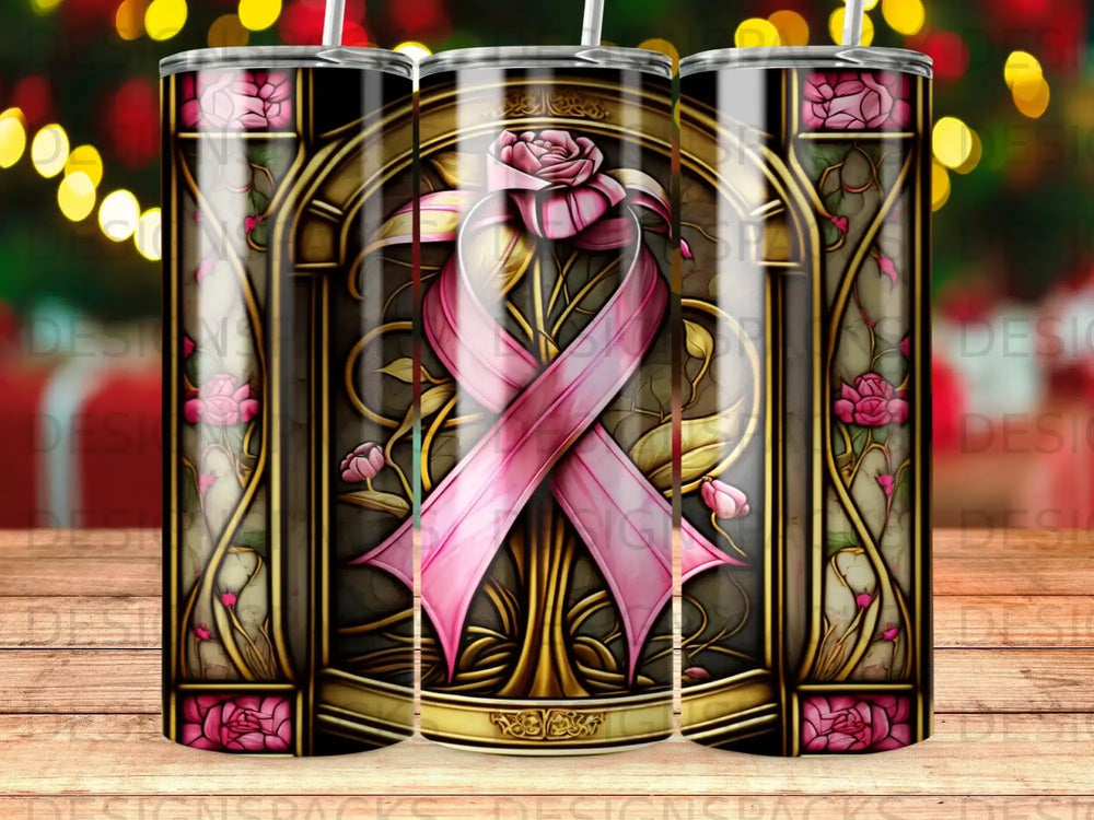 Pink ribbon with rose accents on a stained glass-style tumbler.