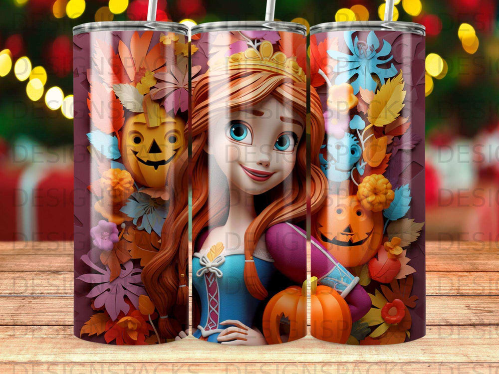 Princess with autumn leaves and jack-o'-lanterns.