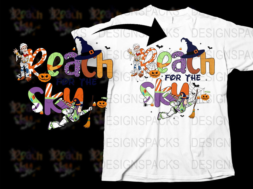 Halloween T-Shirt Reach For The Sky Toy Characters Funny Fall Tee Kids Adults Costume Party Decor