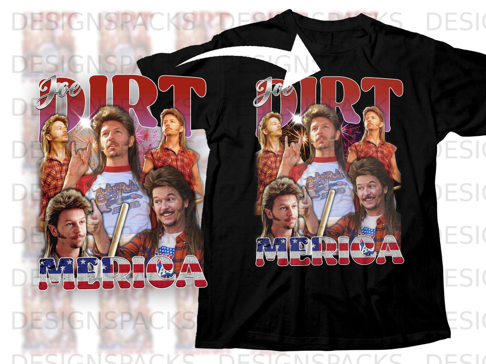 Joe Dirt "Merica" graphic t-shirt with repeating character images and American flag text.