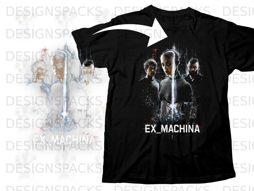 Black t-shirt with "EX MACHINA" title and characters from the film.